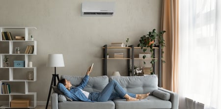  Happy young lady regulate climate at home using modern ac device