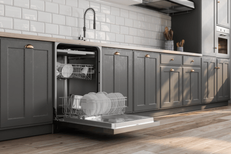 A dishwasher opened in a kitchen 